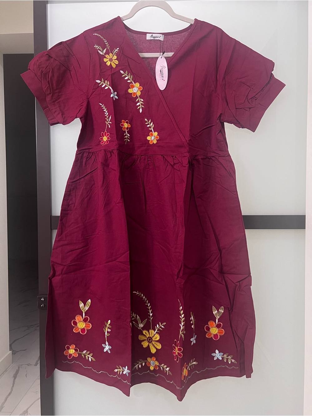 Floral Embroidered Wrap-Style Casual Dress in Maroon